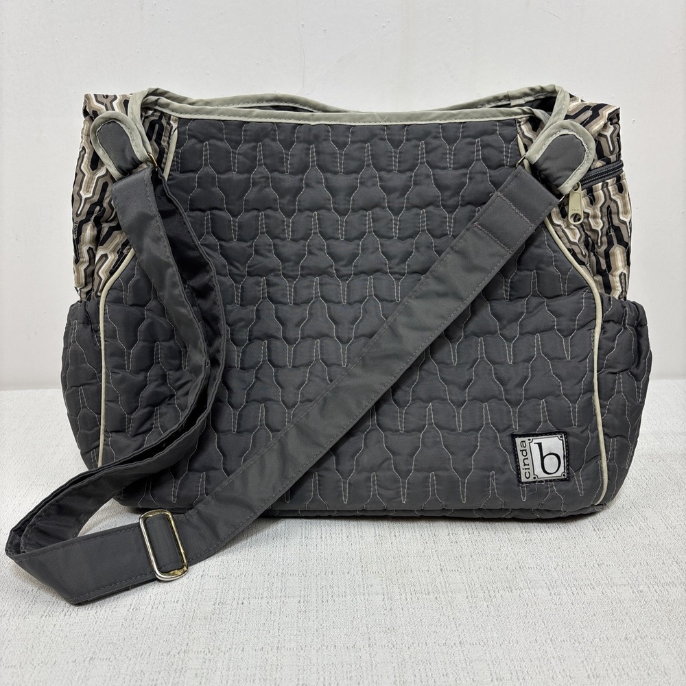 Cinda B Tote Bag Diaper Shoulder Bag Gray‎ Quilted Adjustable Strap Snap Close